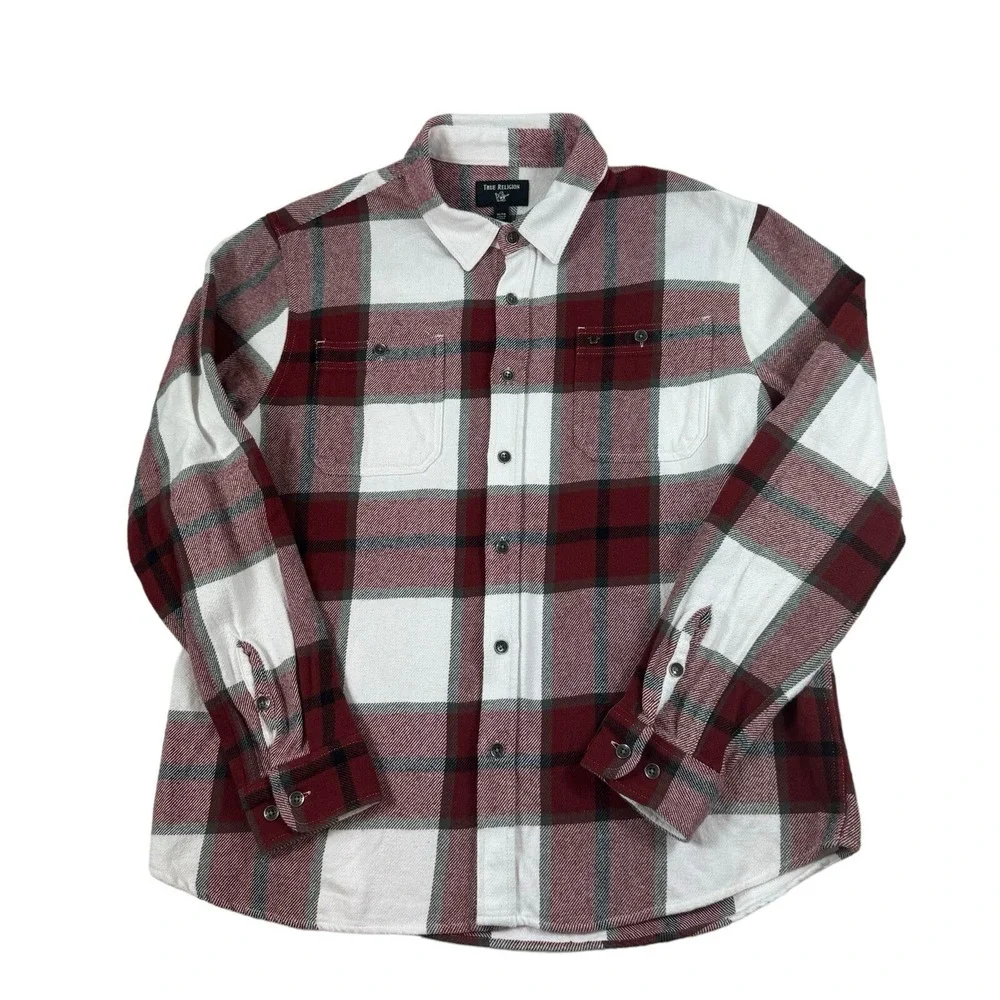 True Religion Mens Red White Plaid Cotton Flannel Button Up Shirt XL 104980